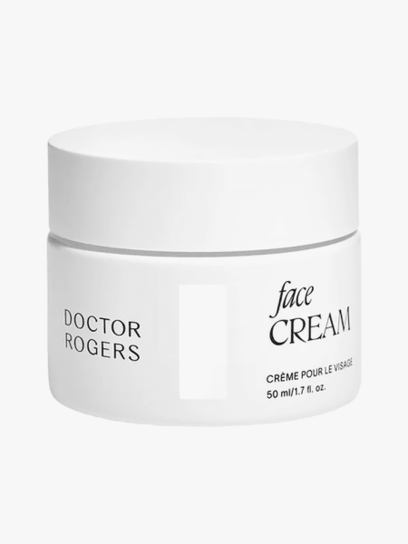 Doctor Rogers Face Cream in branded white jar on light gray background