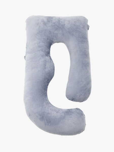 Gray Momcozy U-shaped pregnancy pillow on a light gray background